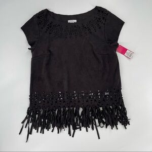 Black Suede Fringe Detailed Top